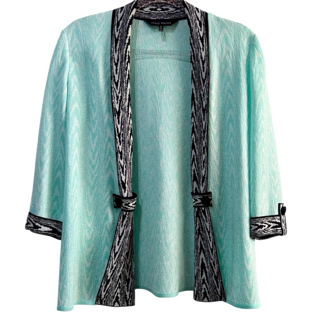 Ming Wang Aqua Ikat Trim Textured Knit Open Front Jacket Cardigan Size‎ Small